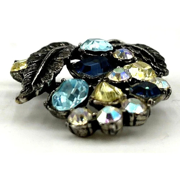 Vintage Brooch Ornate Round Blue Yellow Leaf Pattern Rhinestone 2" - Picture 4 of 6